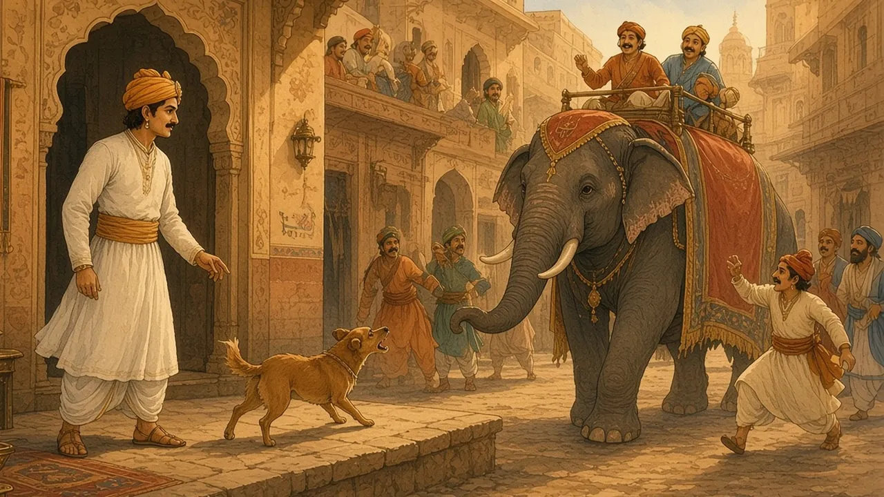 तंग बाज़ार की गली में शांत खड़े बीरबल, भौंकता हुआ कुत्ता और उसकी ओर मुड़ता सजा हुआ शाही हाथी
