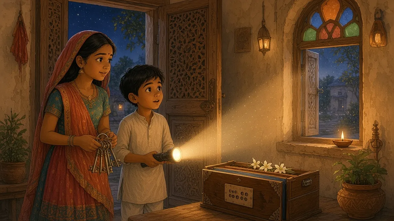 रात में पुरानी हवेली की तीसरी मंज़िल के कमरे में चाबियाँ और टॉर्च लिए खड़े भाई-बहन, सामने खिड़की के पास रखा हारमोनियम और जलता दीया