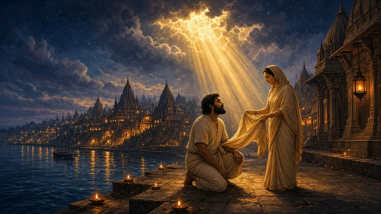 काशी के घाट पर रात में घुटनों के बल बैठे राजा हरिश्चंद्र को अपनी साड़ी का आँचल देती रानी तारामती, ऊपर बादलों से उतरती सुनहरी रोशनी