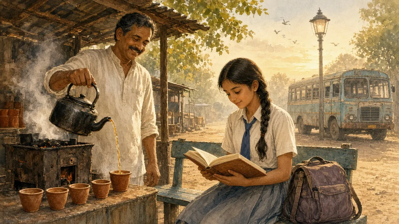बस अड्डे पर चाय की दुकान पर किताब पढ़ती बेटी और उसे गर्व से देखते चाय वाले पिता का चित्र