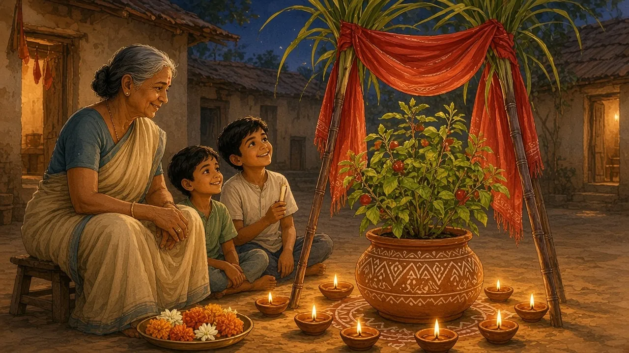 शाम के समय आँगन में दीयों से सजे तुलसी के चौरे और गन्ने के मंडप के पास बच्चों को देवउठनी एकादशी की कथा सुनाती दादी का चित्र