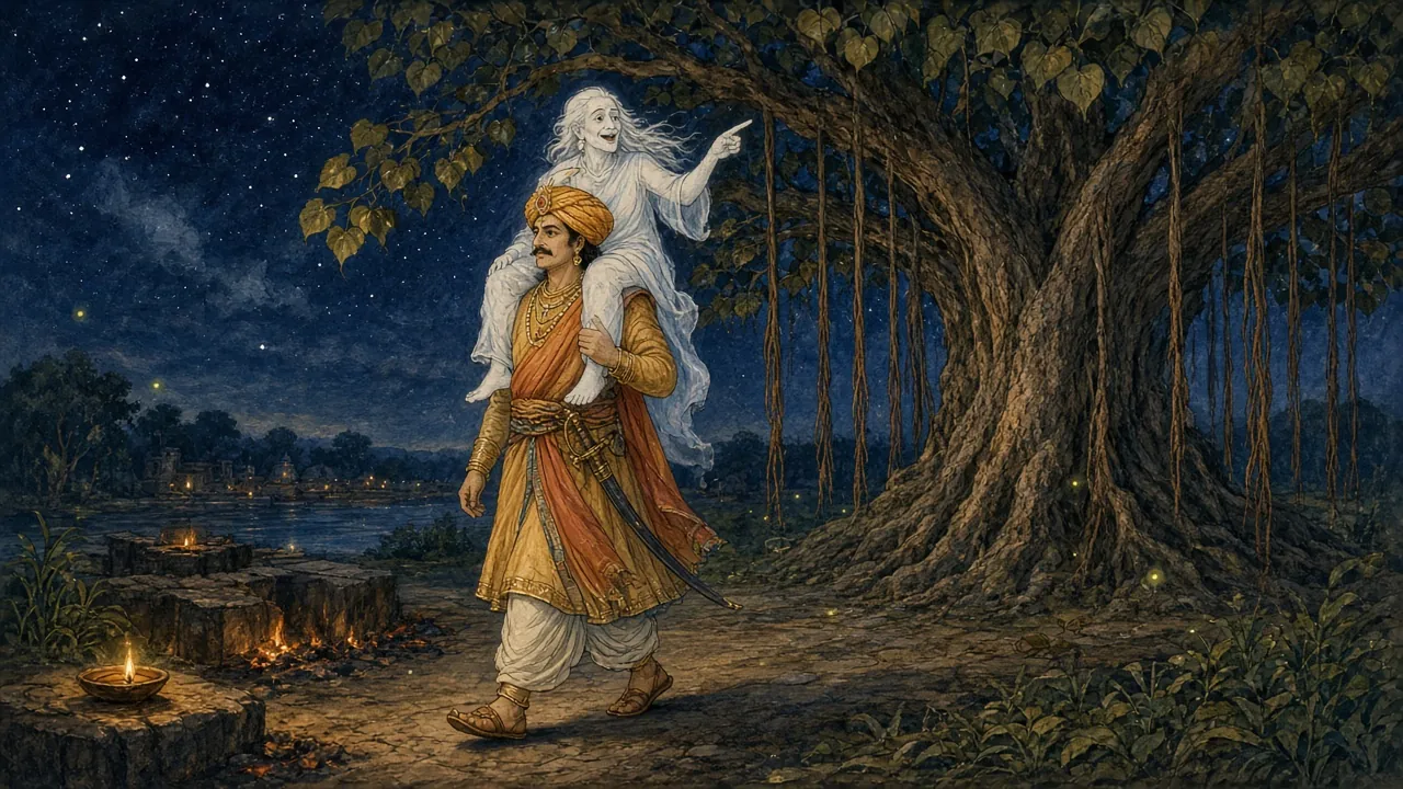 अमावस की रात श्मशान में पीपल के पेड़ के पास कंधे पर बेताल को उठाए चलते राजा विक्रमादित्य, पास में जलता दीया